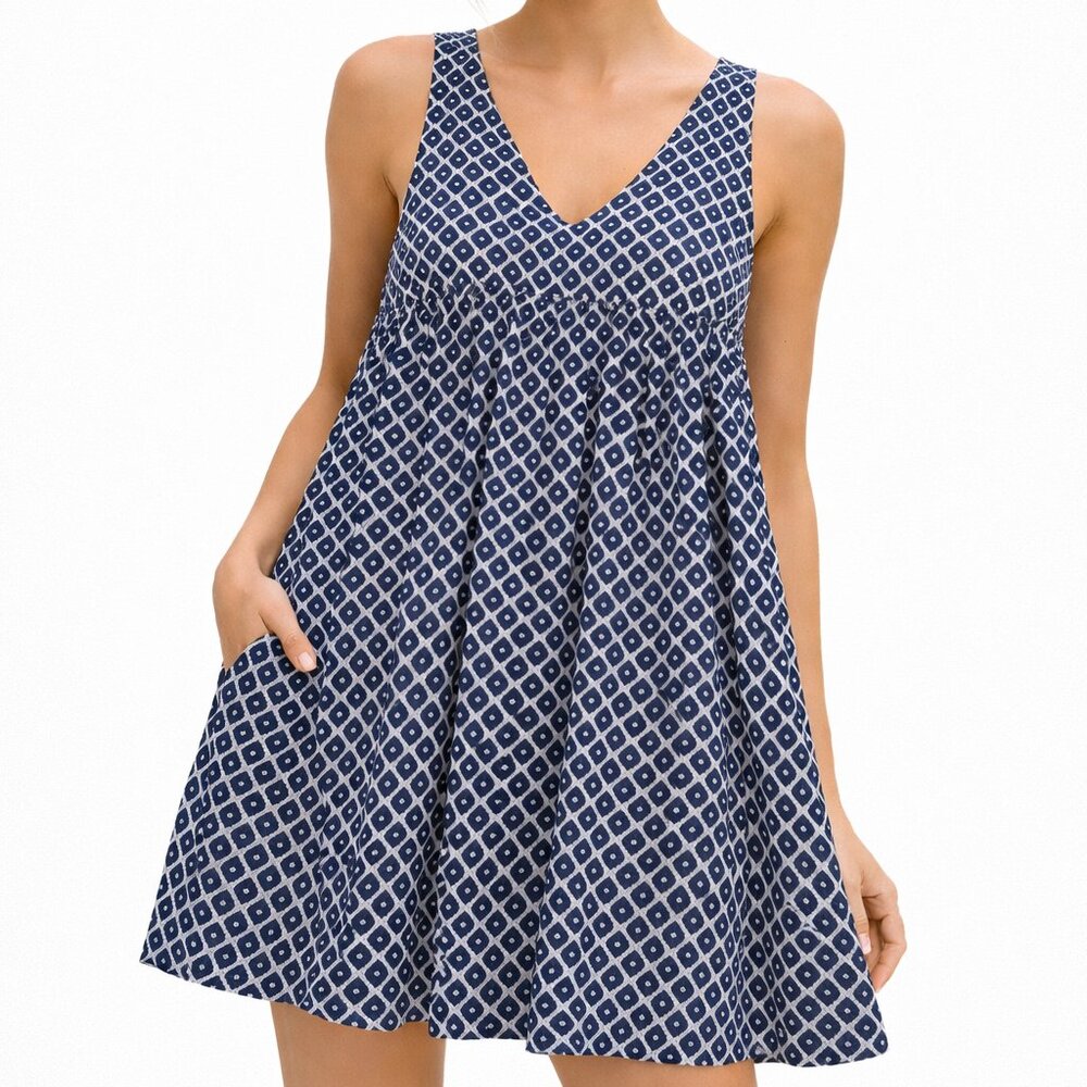 Jaime Navy White Geometric Print Criss Cross Back Sleeveless Dress Size S Resort